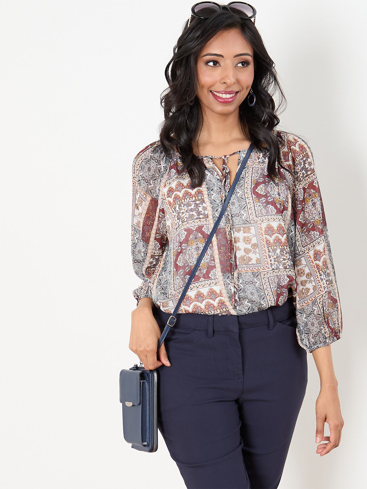 Petite 3/4 Sleeve Relaxed Chiffon Peasant Blouse
