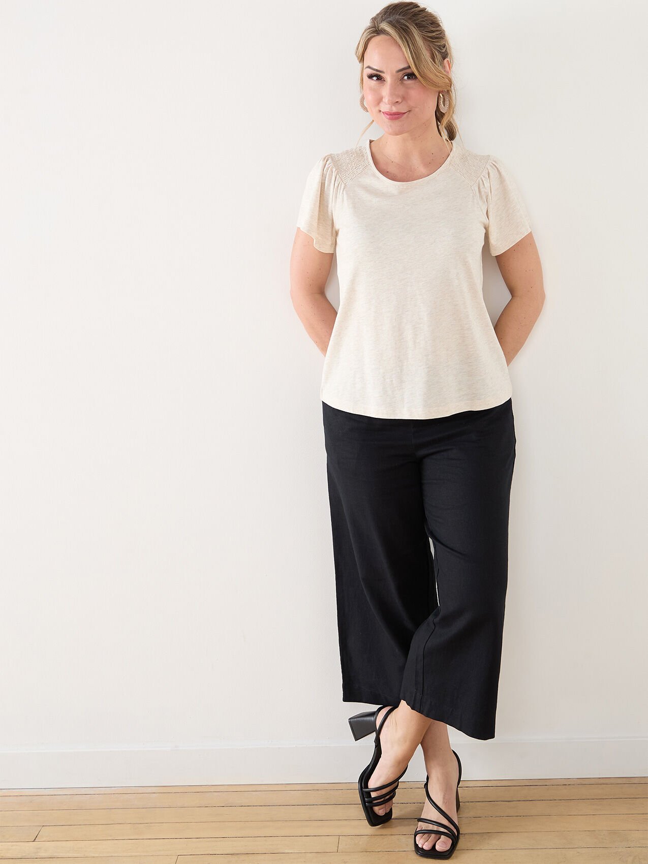 Petite Ruched Peasant Tee with Flutter Sleeves