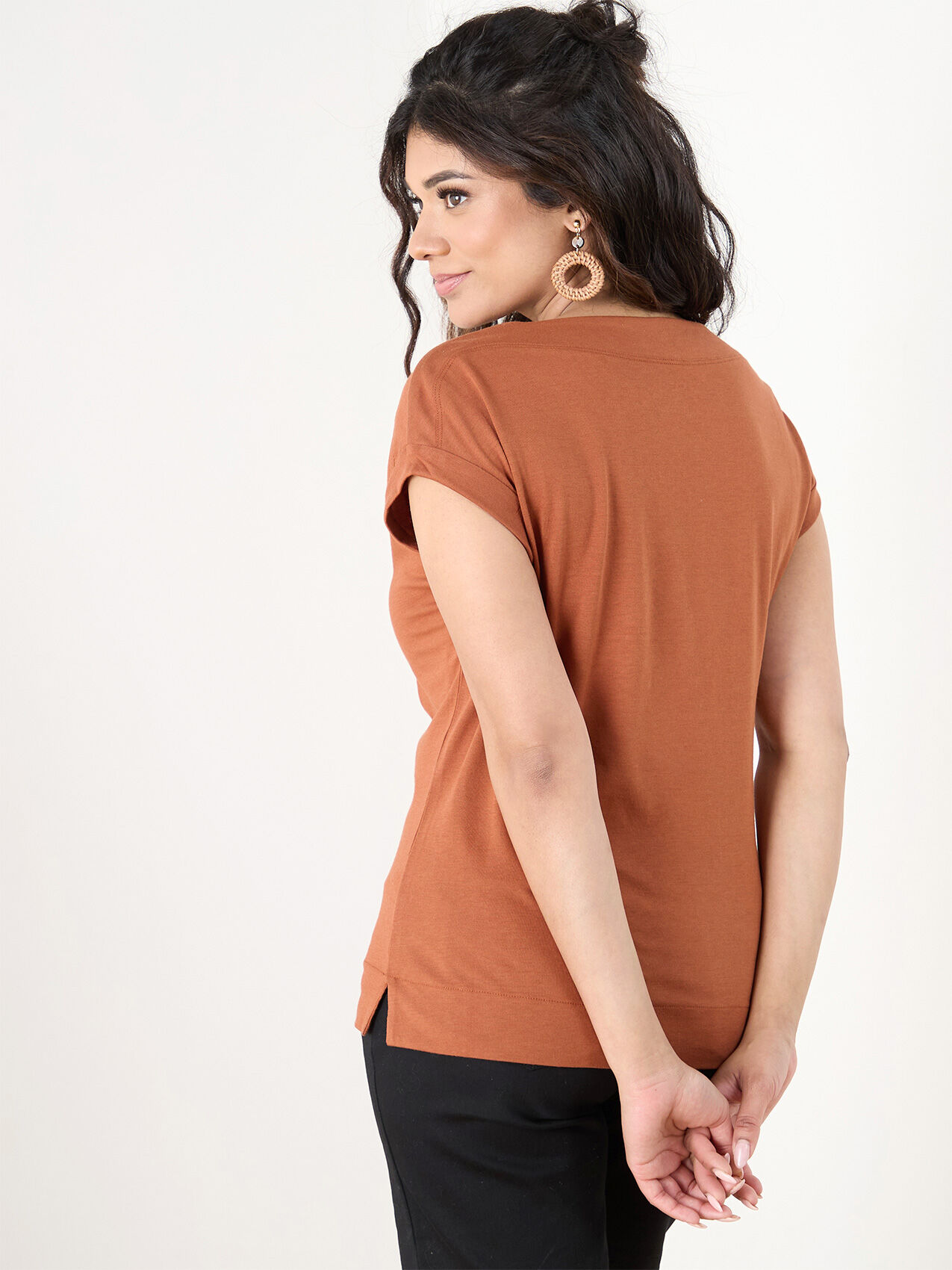 Petite Short Sleeve Rolled Cuff Boatneck T-Shirt