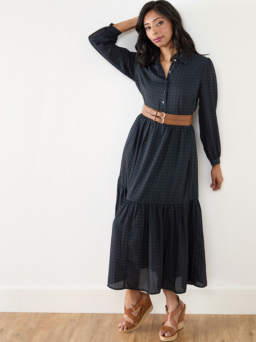 Petite Long Sleeve Tiered Midi Dress with Belt