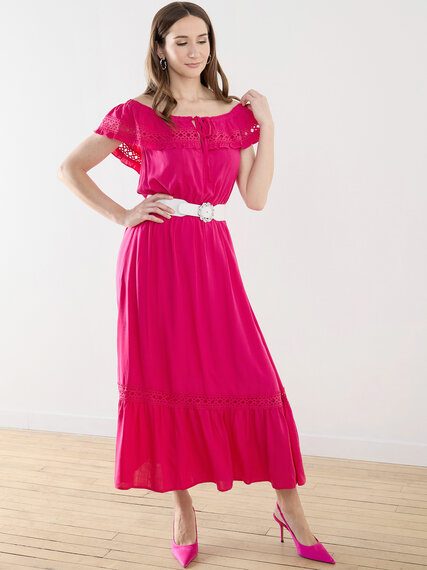 Textured Maxi Dress with Crochet Lace Insert Image 4