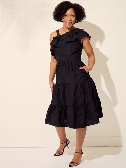 Petite Textured 1-Shoulder Ruffle Dress