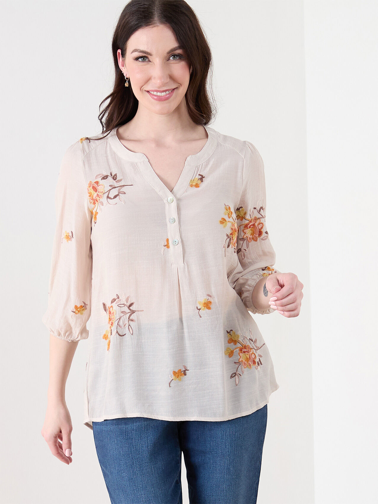 3/4 Sleeve Blouse with Embroidery and  Crochet Yoke