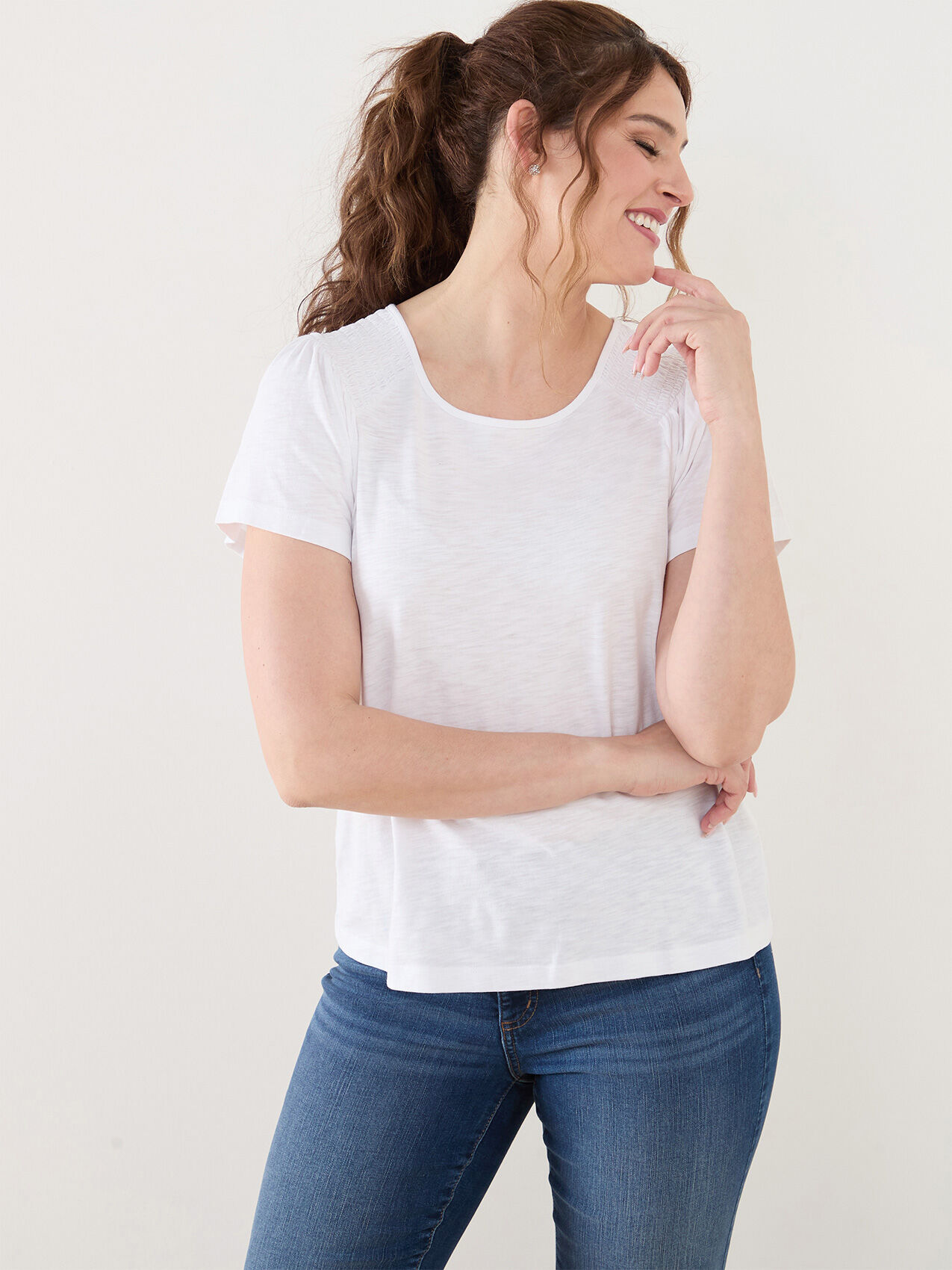 Ruched Peasant Tee with Flutter Sleeves