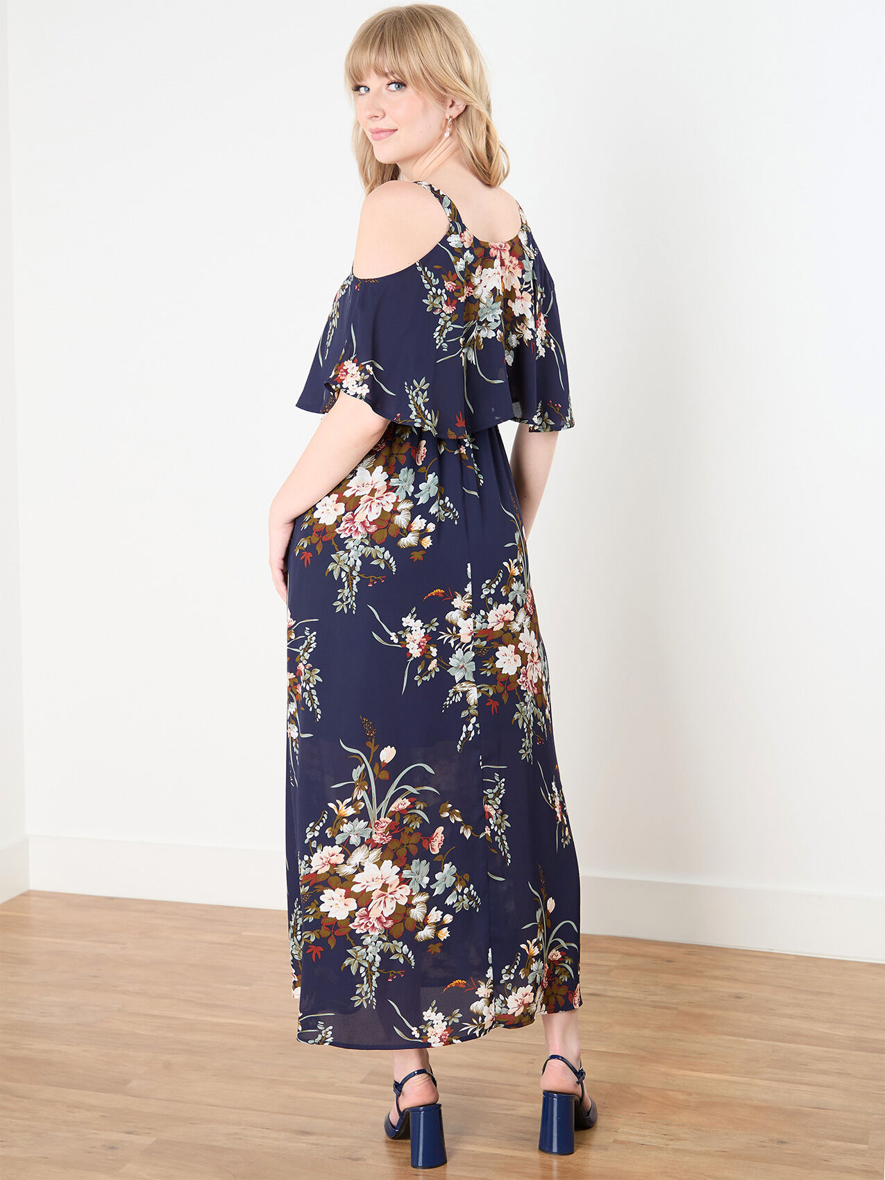 Crepe de Chine Cold Shoulder Maxi Dress