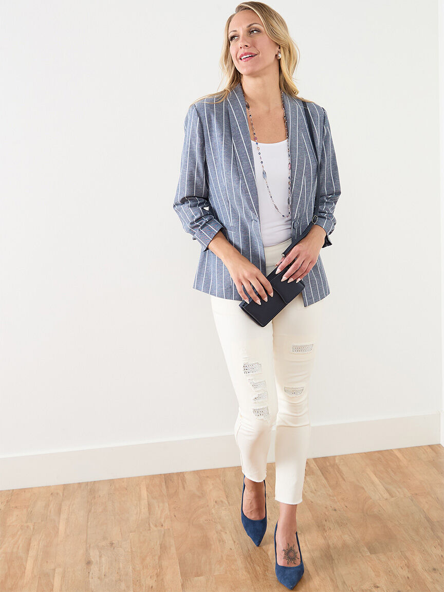 Chambray Ruche Sleeve Blazer