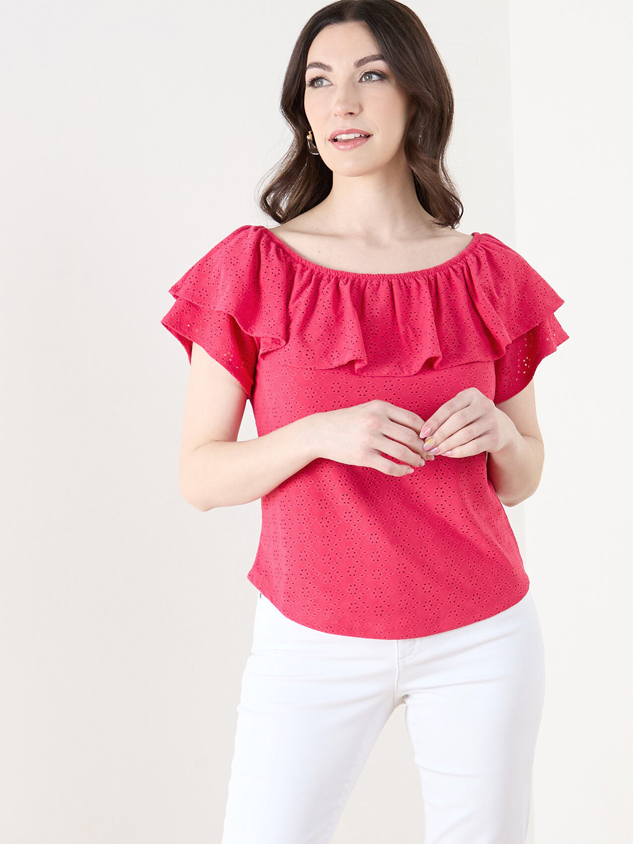 Ruffle Eyelet On/Off Shoulder Top