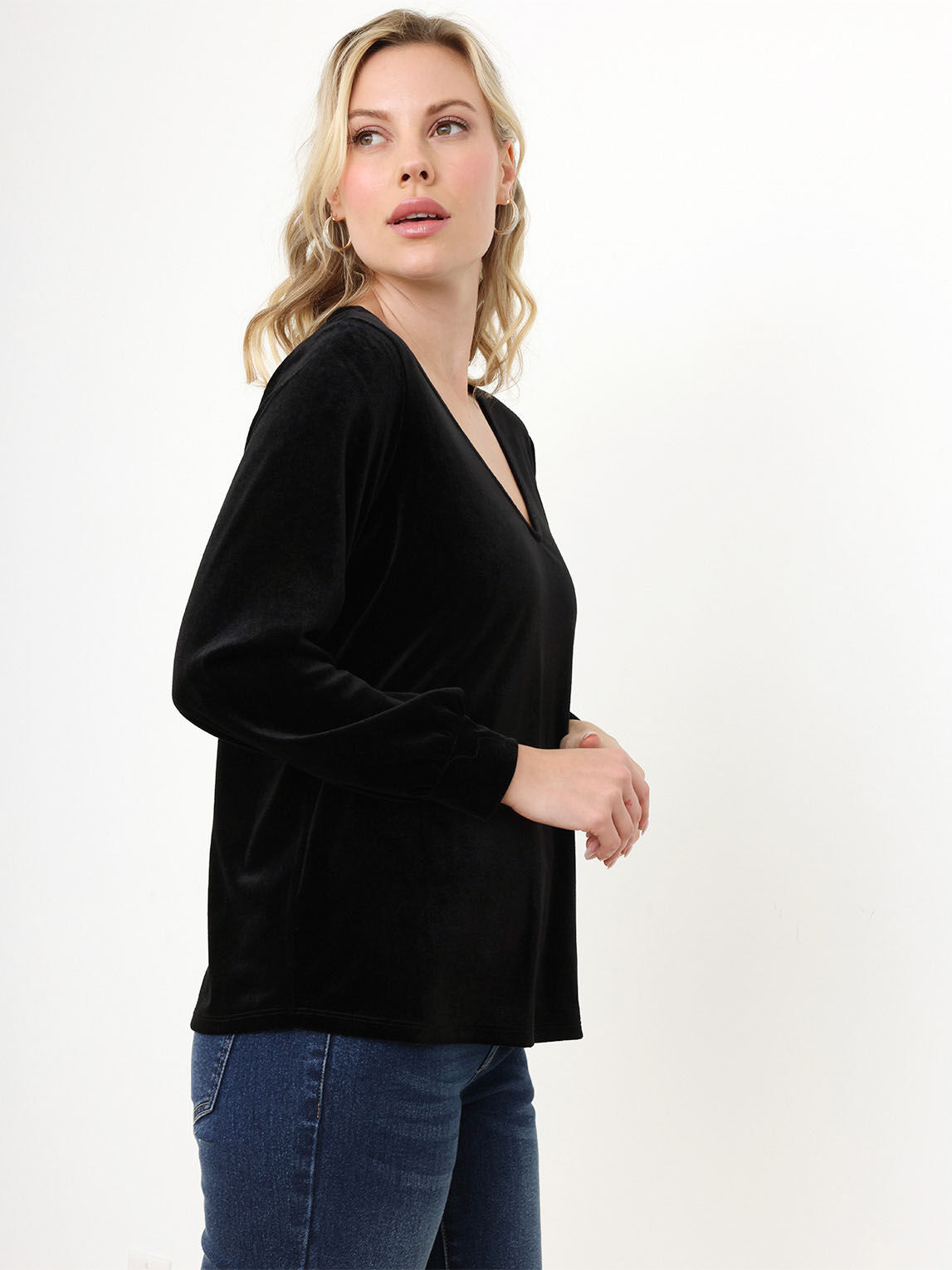 Petite Long Sleeve Velvet V-Neck Top