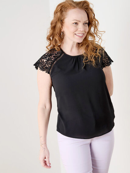 Petite Short Lace Sleeve Top in Crepe Image 1