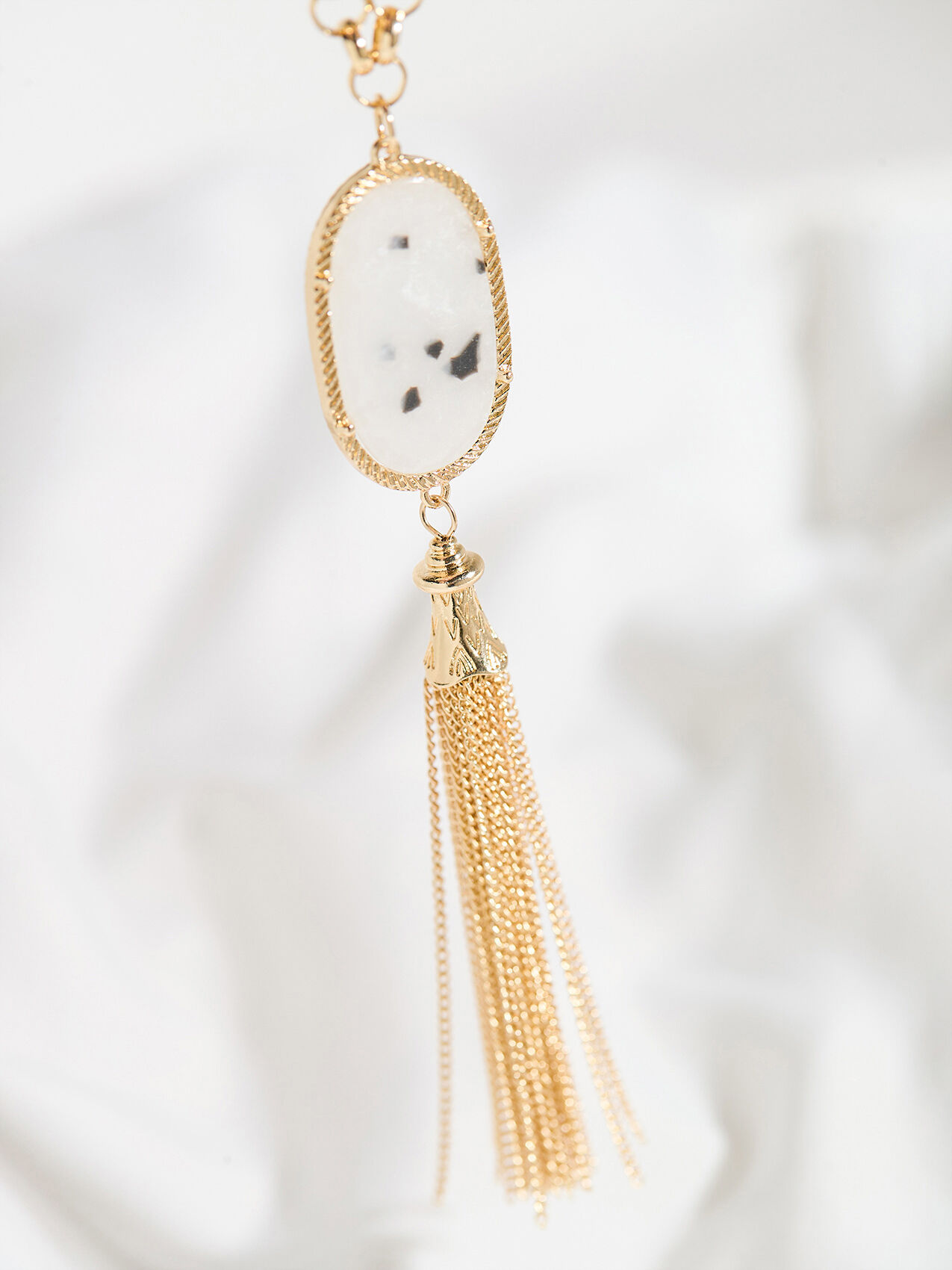 Long Gold Tassel Necklace with Natural Stone