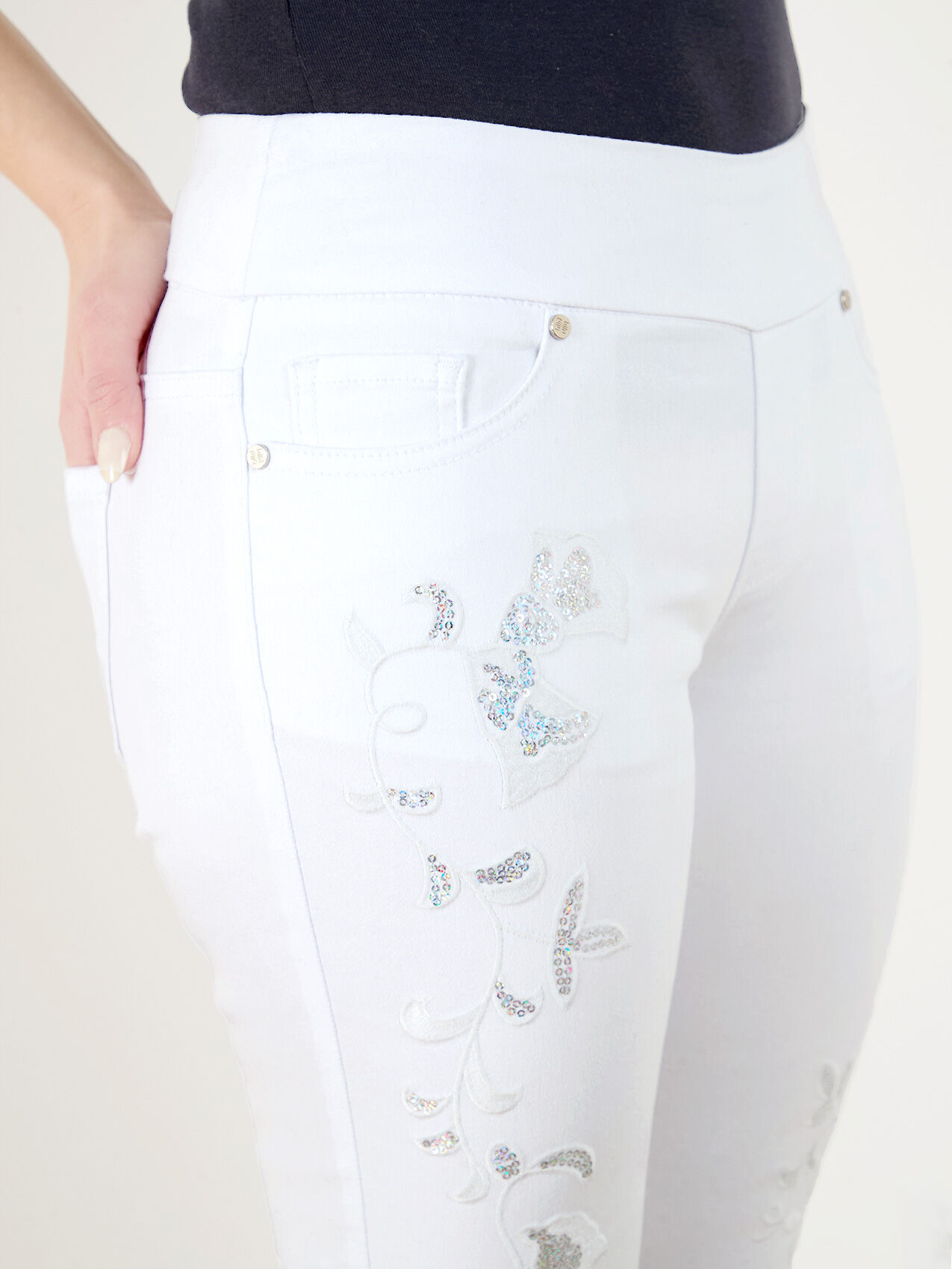 White Crop Jeans with Silver Floral Detail