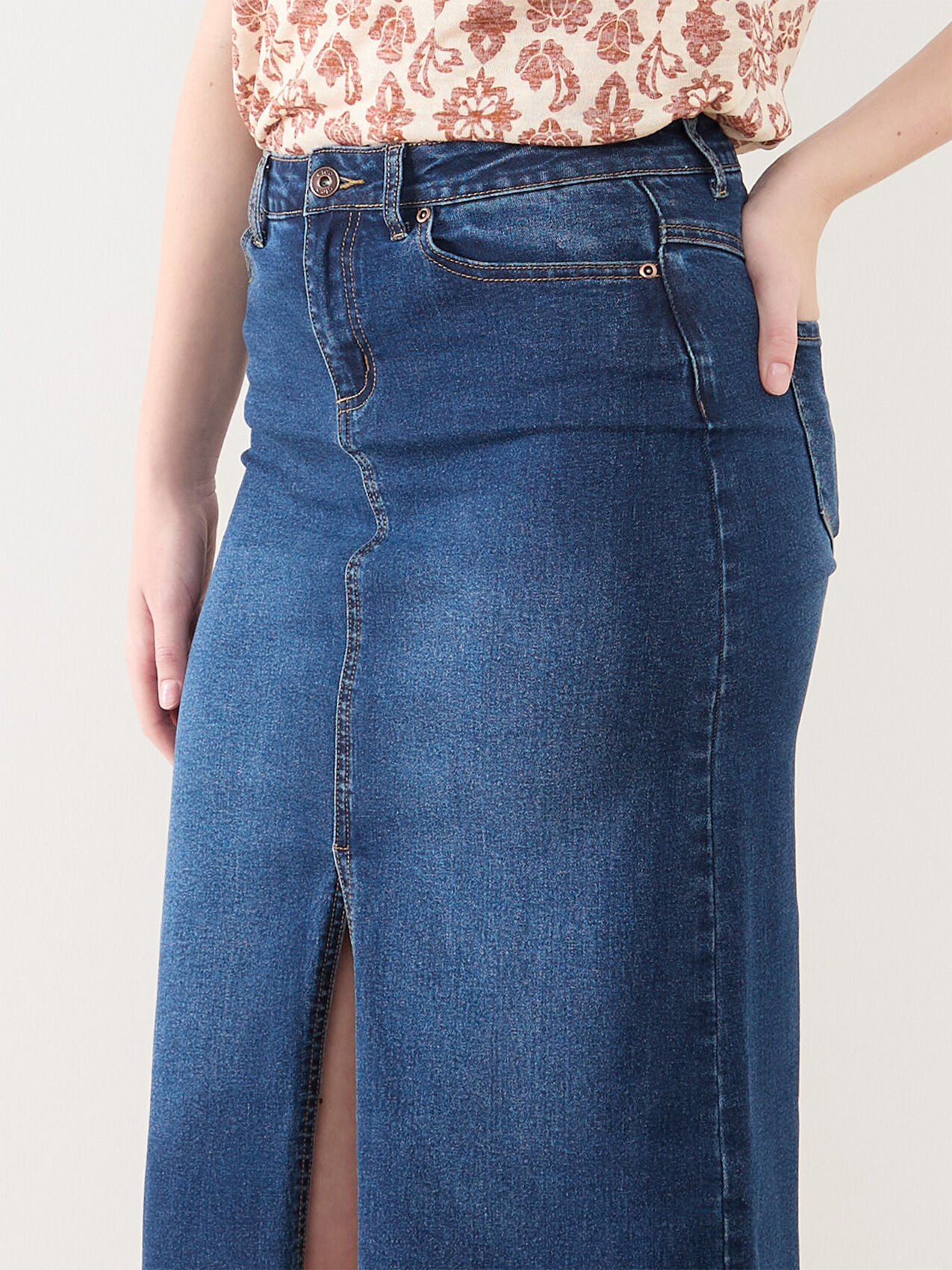 Dark Wash Denim Skirt with Front Slit