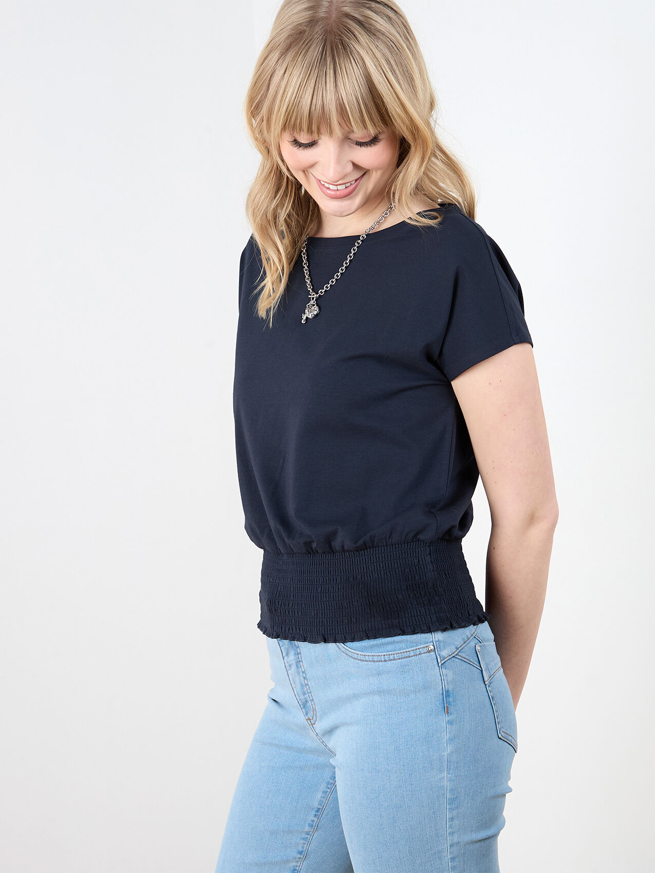 Boat Neck Relaxed Fit Top with Smocked Hem