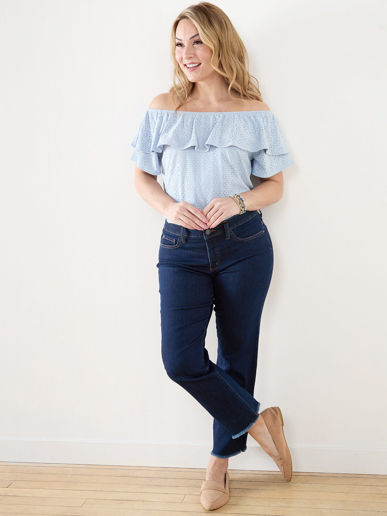 Petite Ruffle Eyelet On/Off Shoulder Top