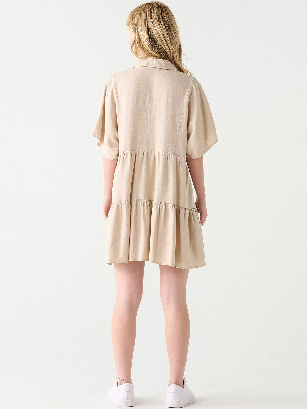 Linen Blend Mini Dress with Lace Trim