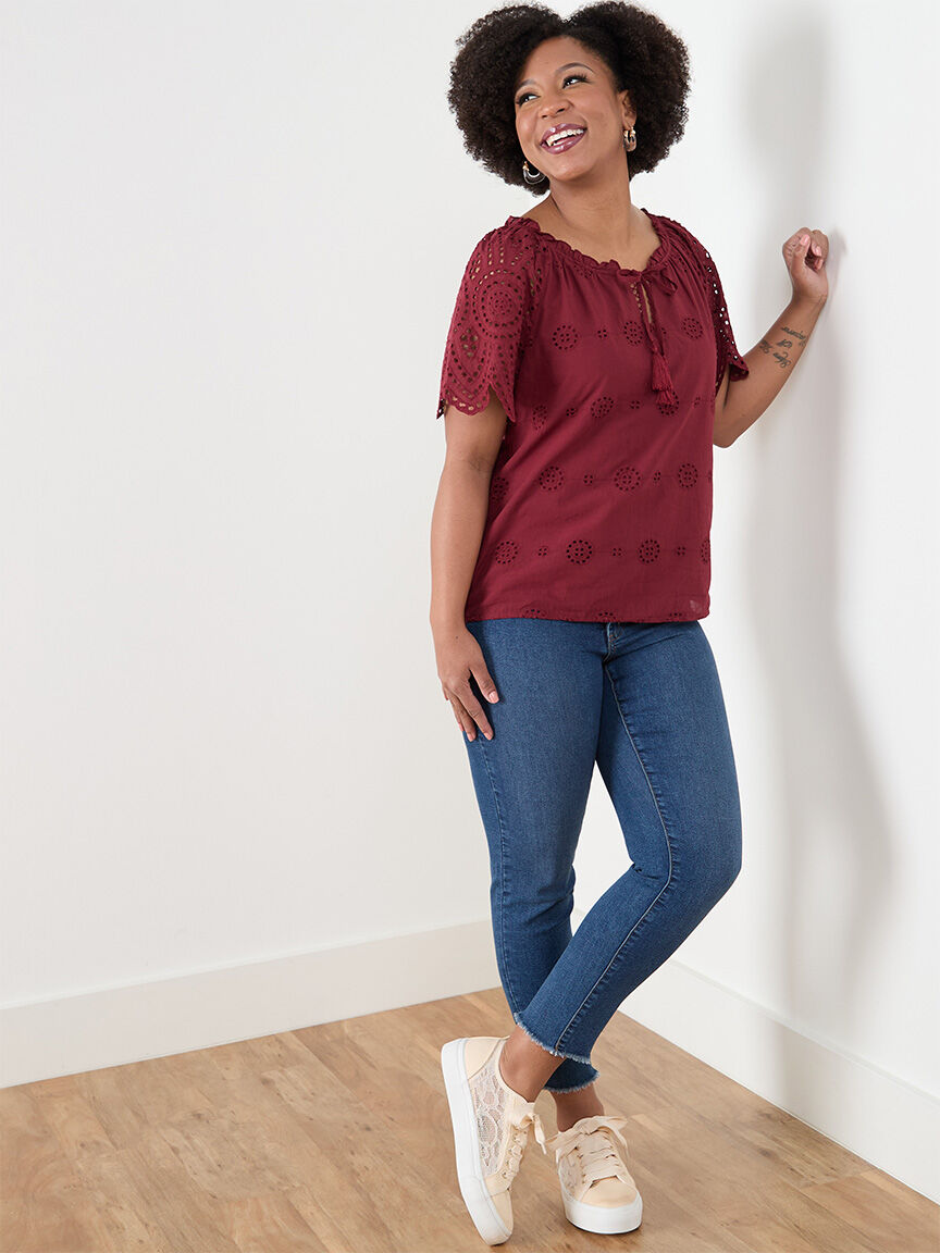 Petite Embroidered Eyelet Blouse