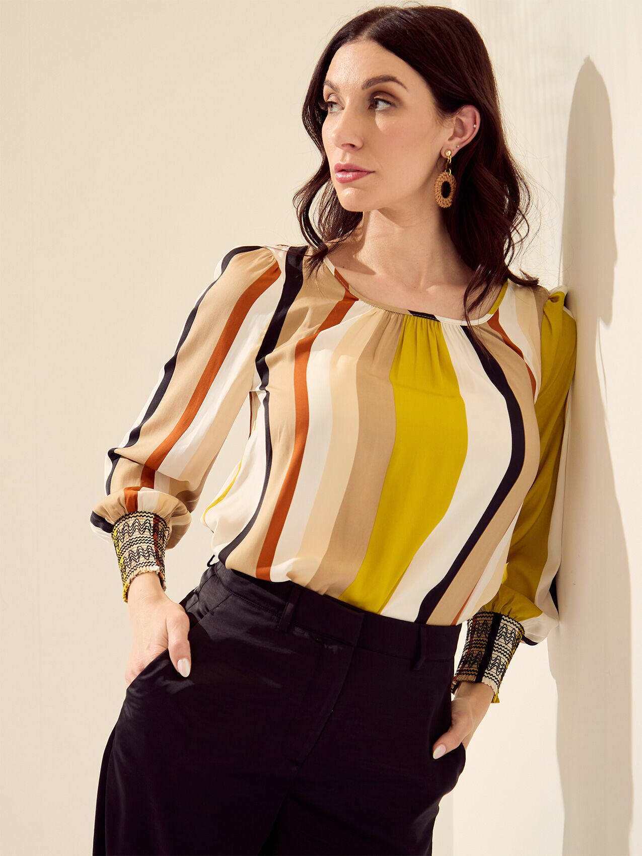 3/4 Sleeve Striped Relaxed Fit Blouse