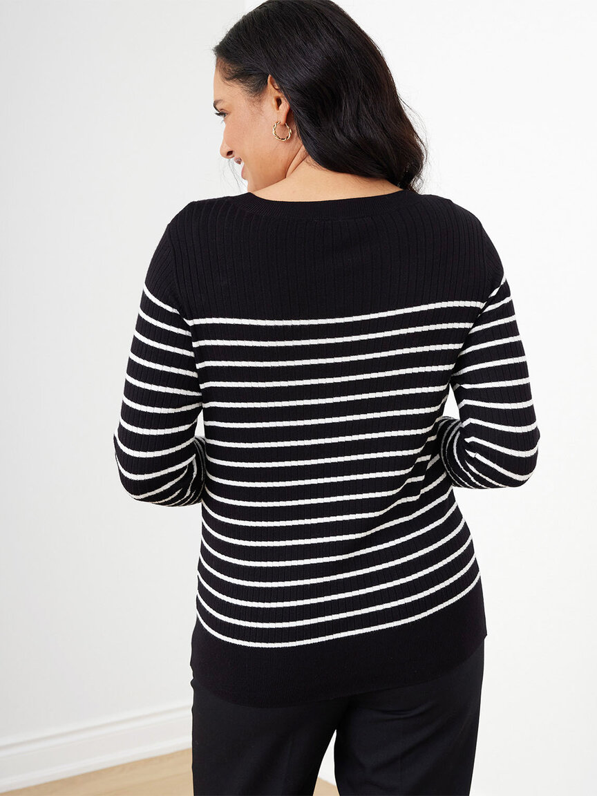 Long Sleeve Striped Pullover Sweater with Button Detail, Cleo