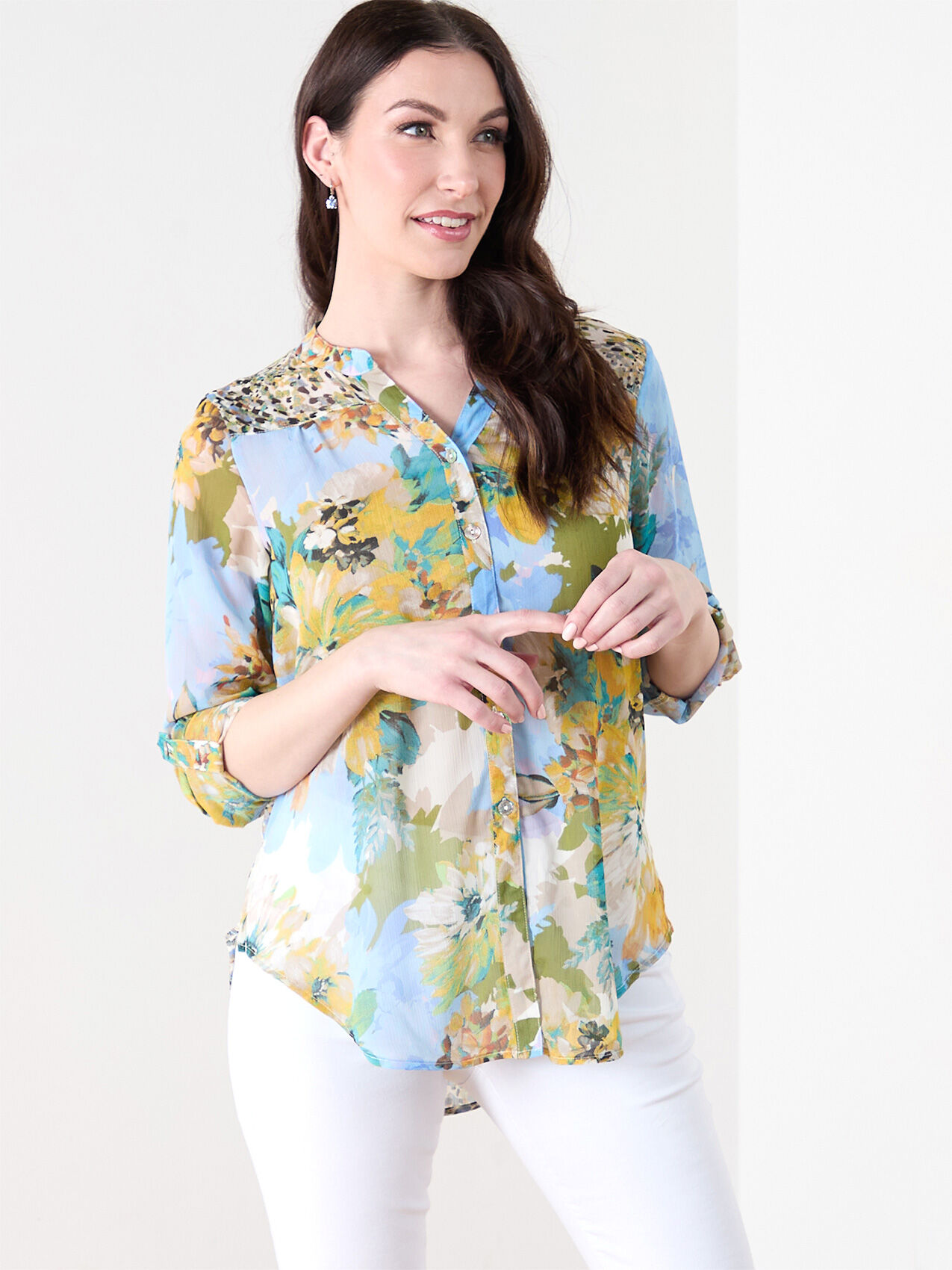 Long Sleeve Chiffon Twin Print Blouse