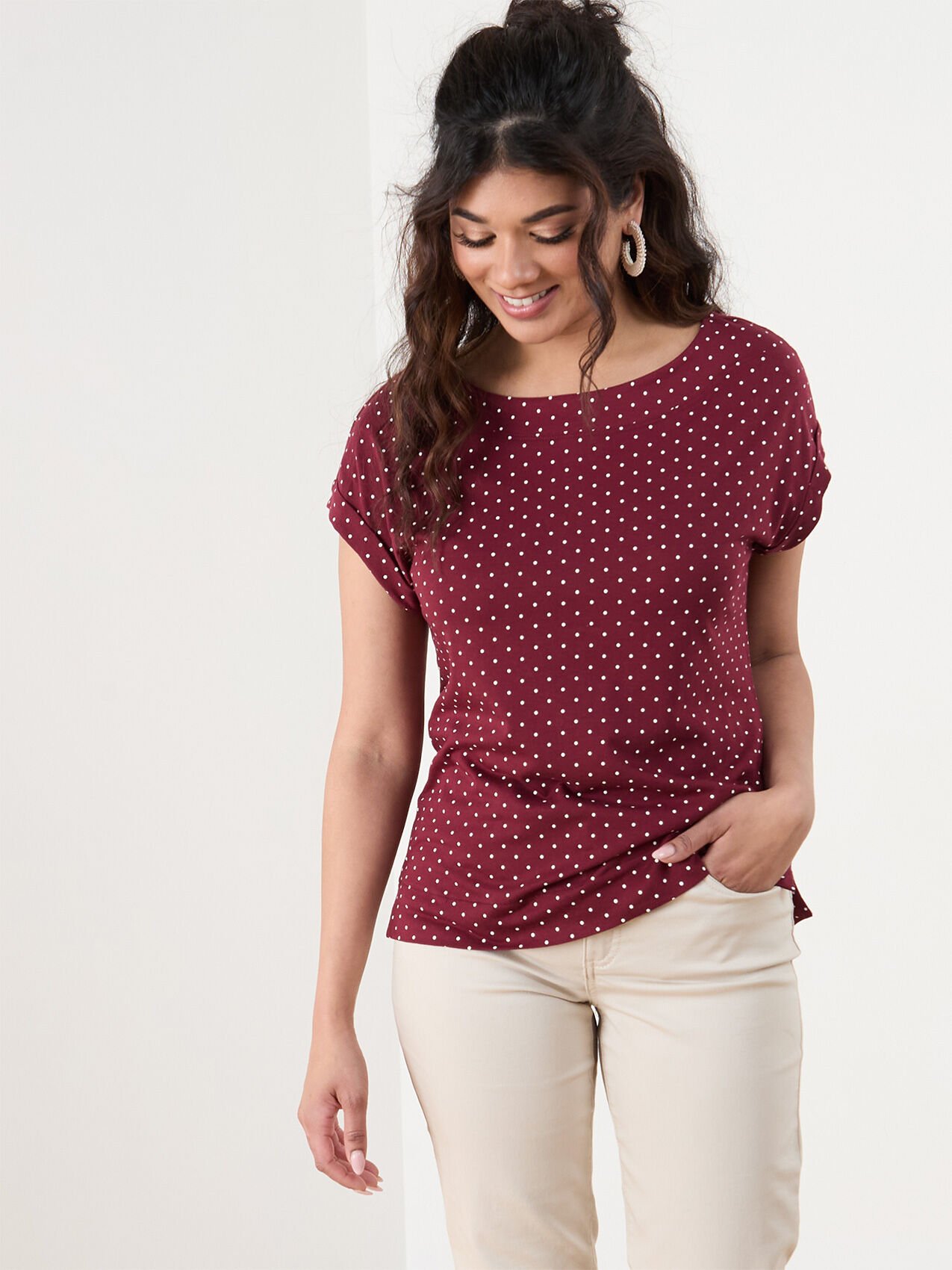 Petite Short Sleeve Rolled Cuff Boatneck T-Shirt