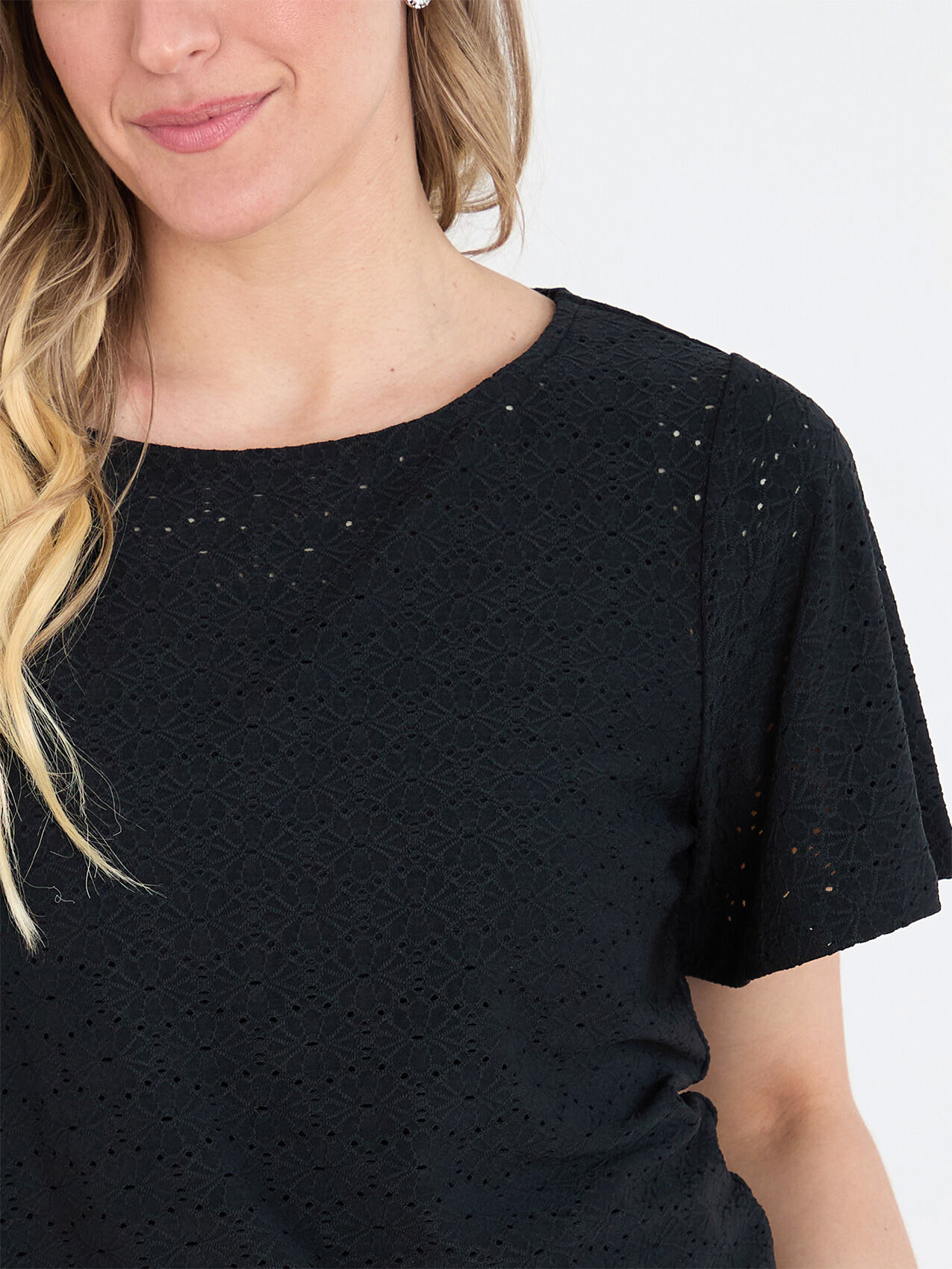 Short Flutter Sleeve Stretch Eyelet Top