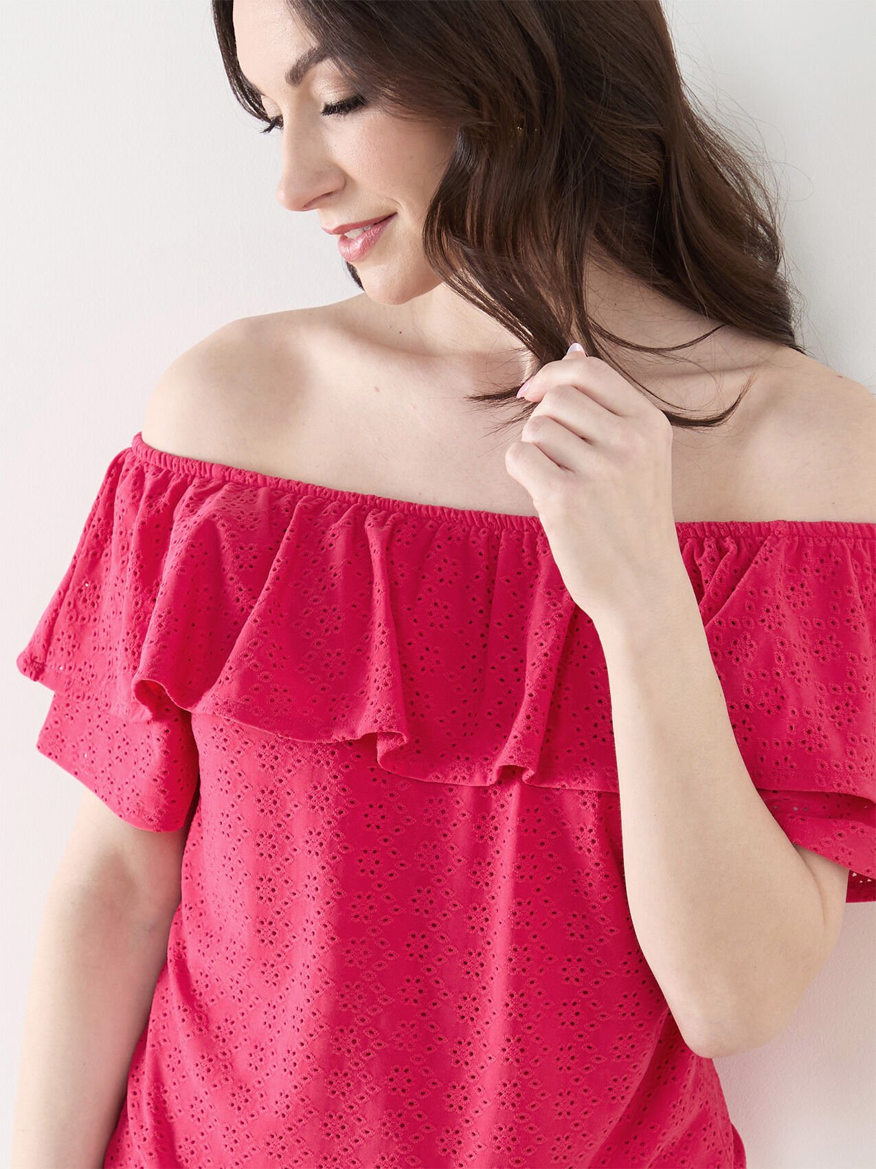 Ruffle Eyelet On/Off Shoulder Top