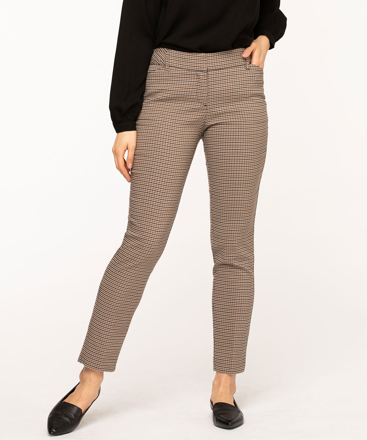 Brown Mini-Plaid Slim Leg Pant