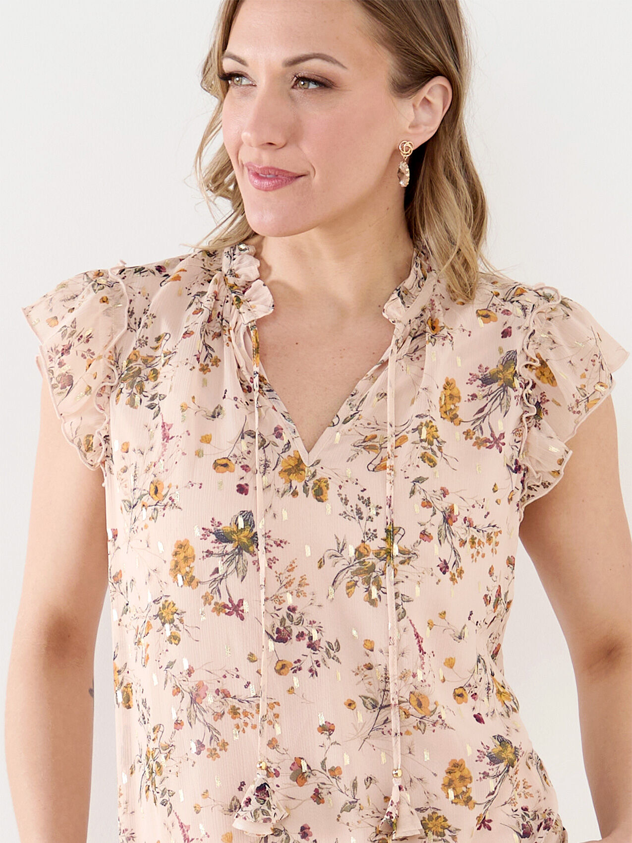 Chiffon Ruffle Sleeve Floral Blouse with Gold Foil