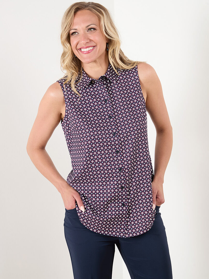 Sleeveless Collard Button Front Blouse