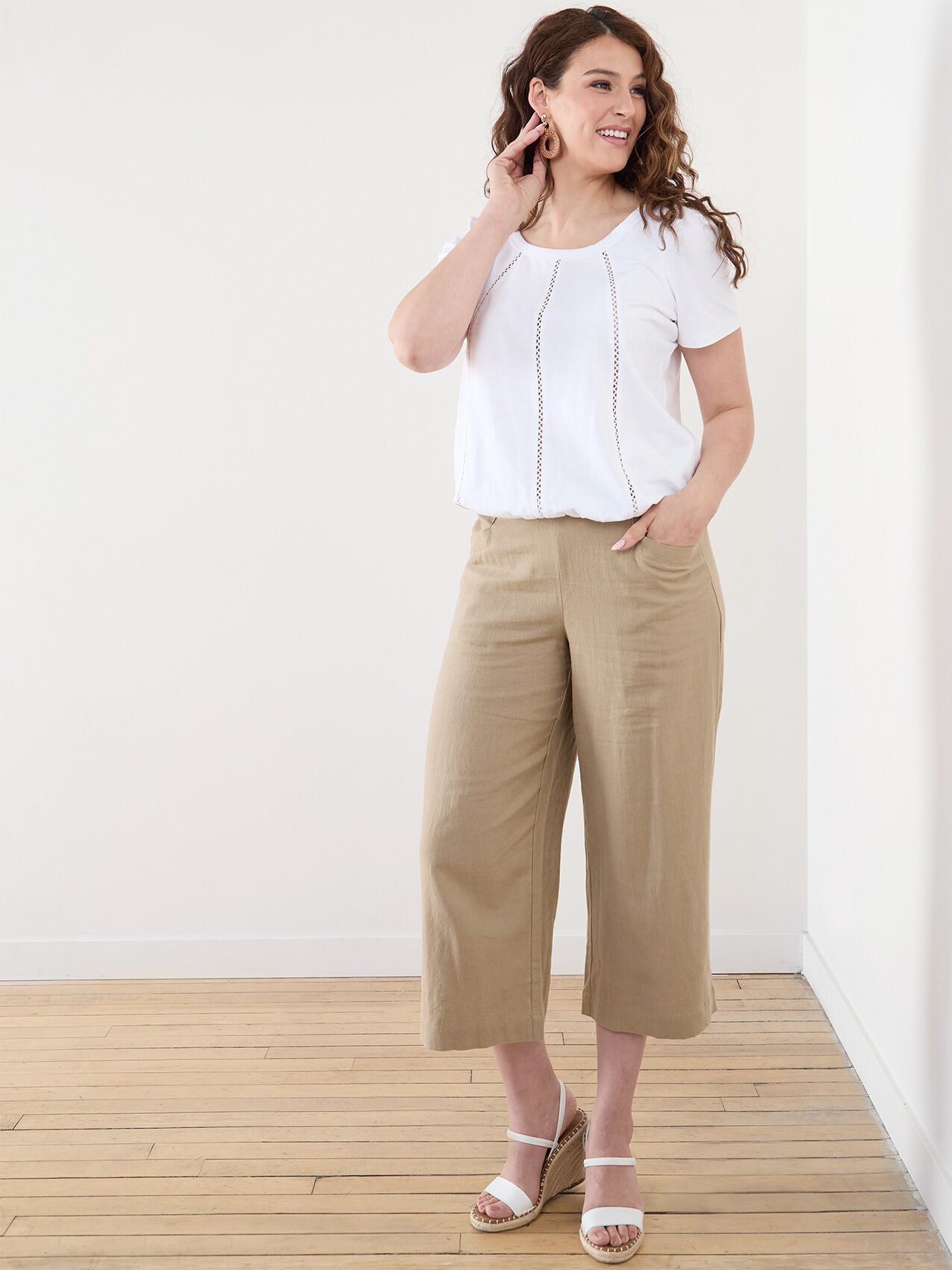 Short Sleeve Cotton-Blend Top with Crochet Inserts