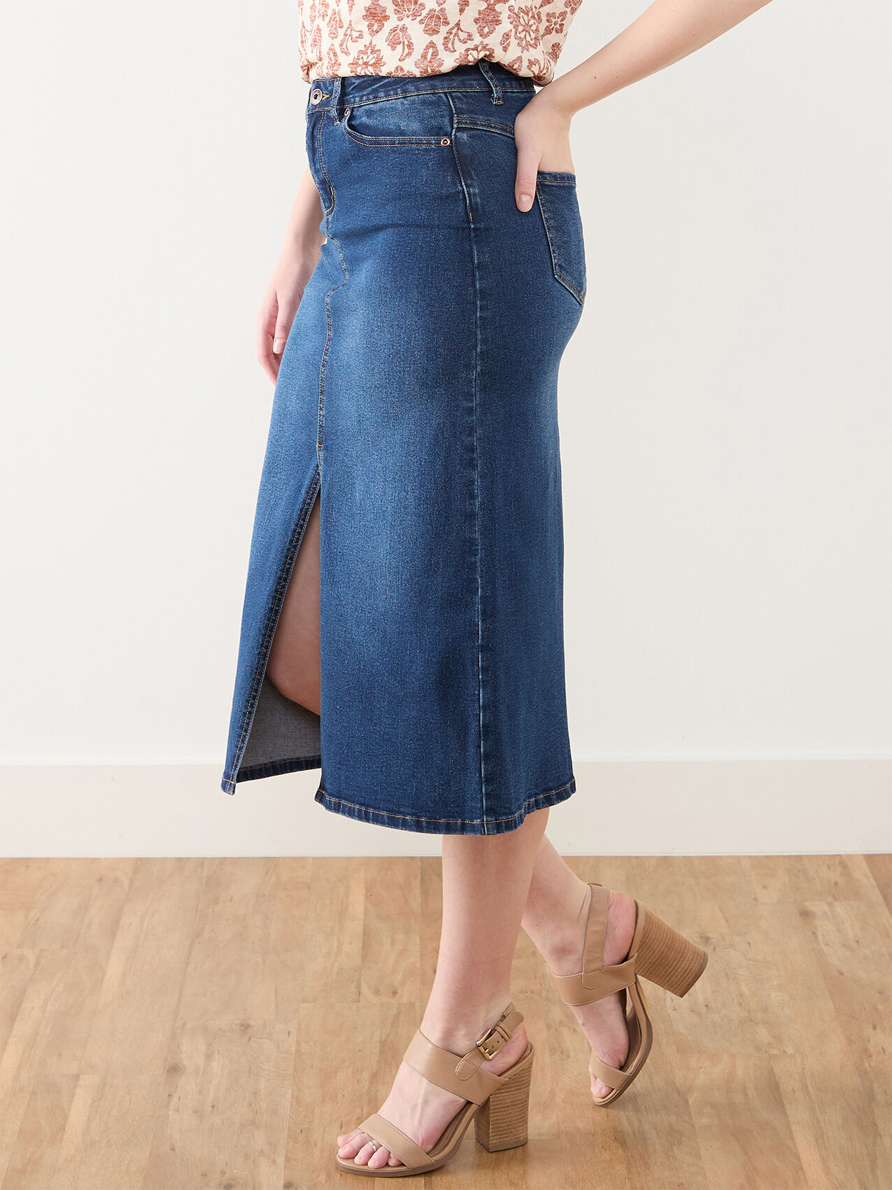 Dark Wash Denim Skirt with Front Slit