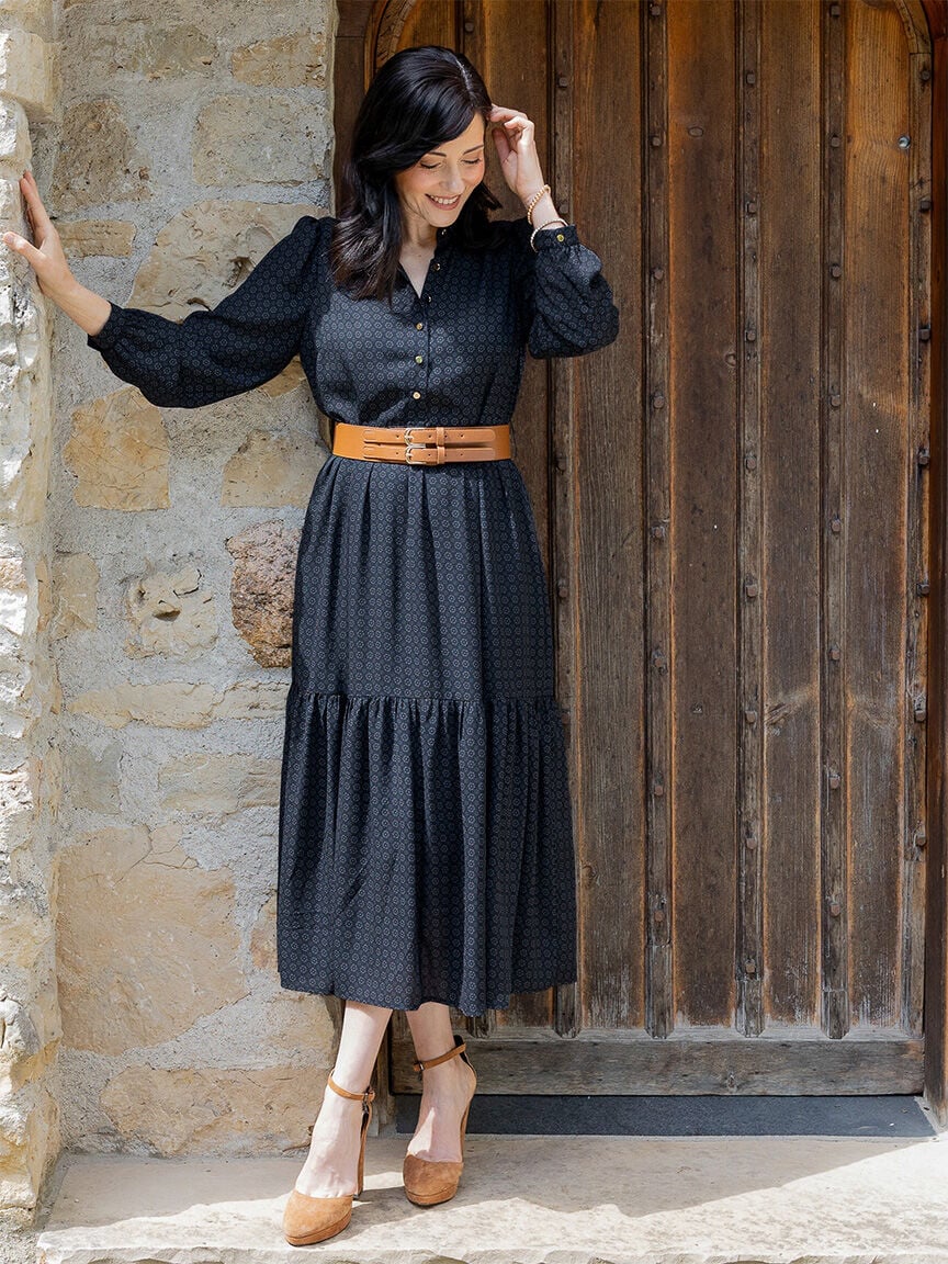 Petite Long Sleeve Tiered Midi Dress with Belt