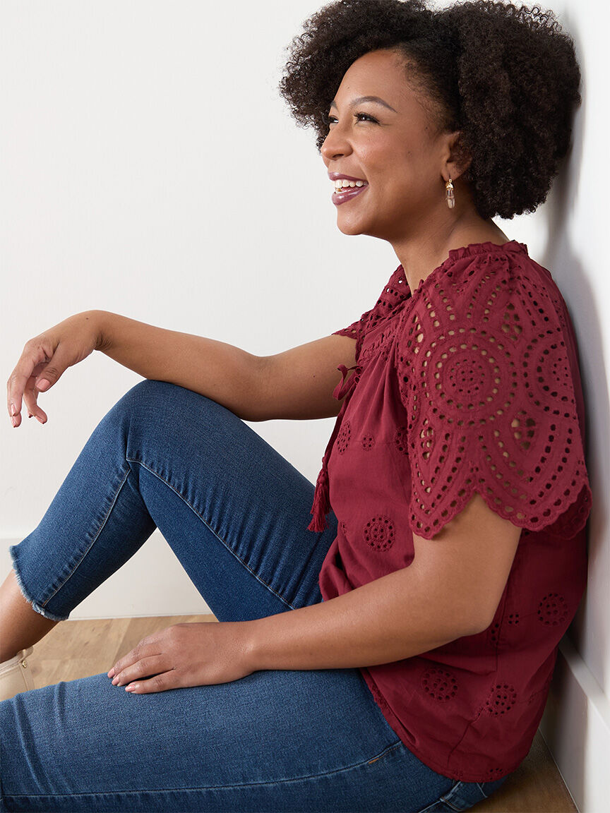 Petite Embroidered Eyelet Blouse