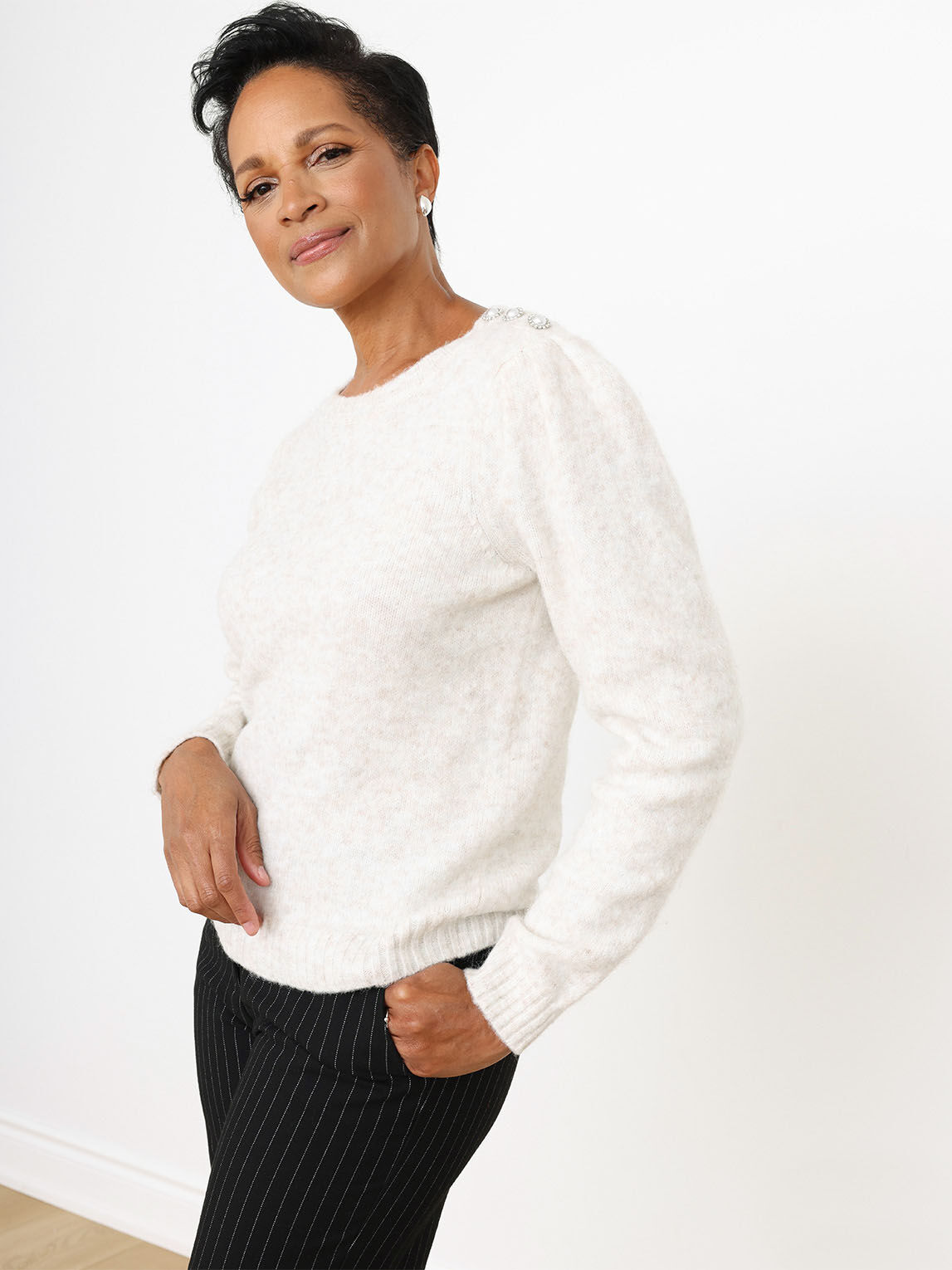 Button-Shoulder Pullover Sweater