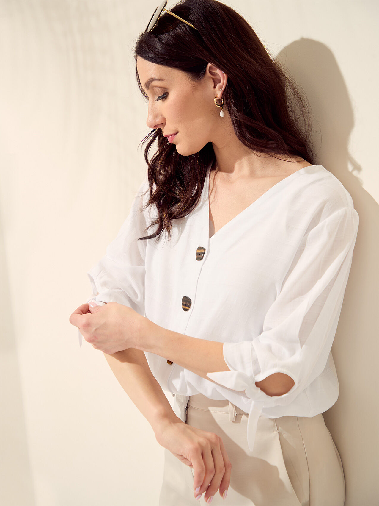 3/4 Sleeve Relaxed Fit Blouse with Tie Detail