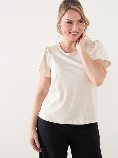 Petite Ruched Peasant Tee with Flutter Sleeves
