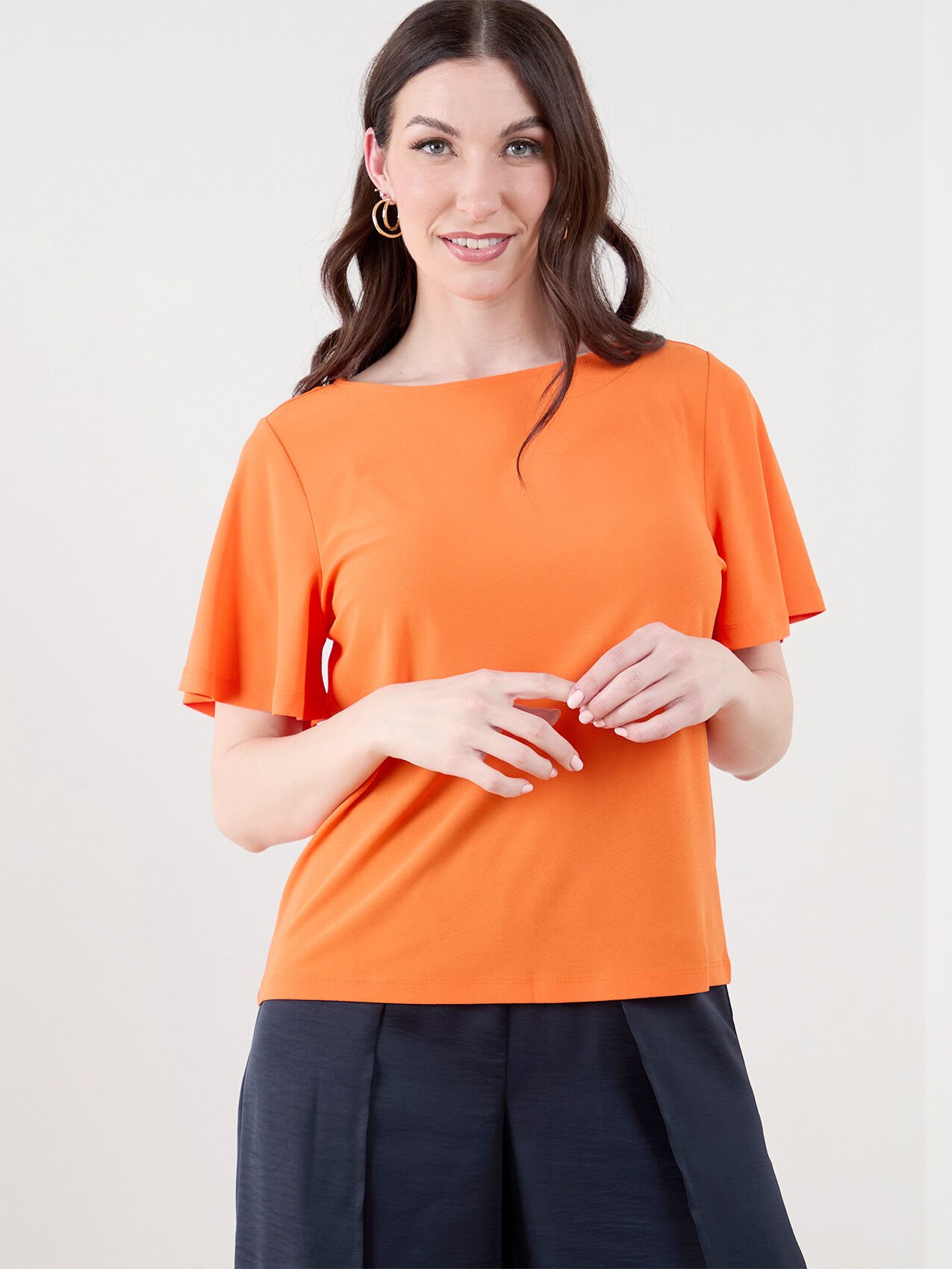 Short Flutter Sleeve Stretch Crepe Top