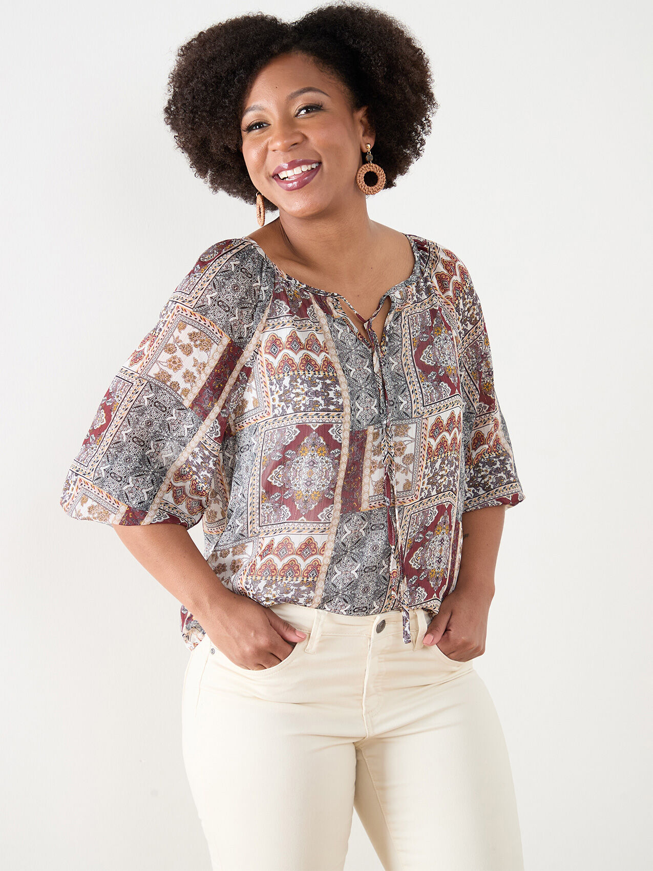 Petite 3/4 Sleeve Relaxed Chiffon Peasant Blouse