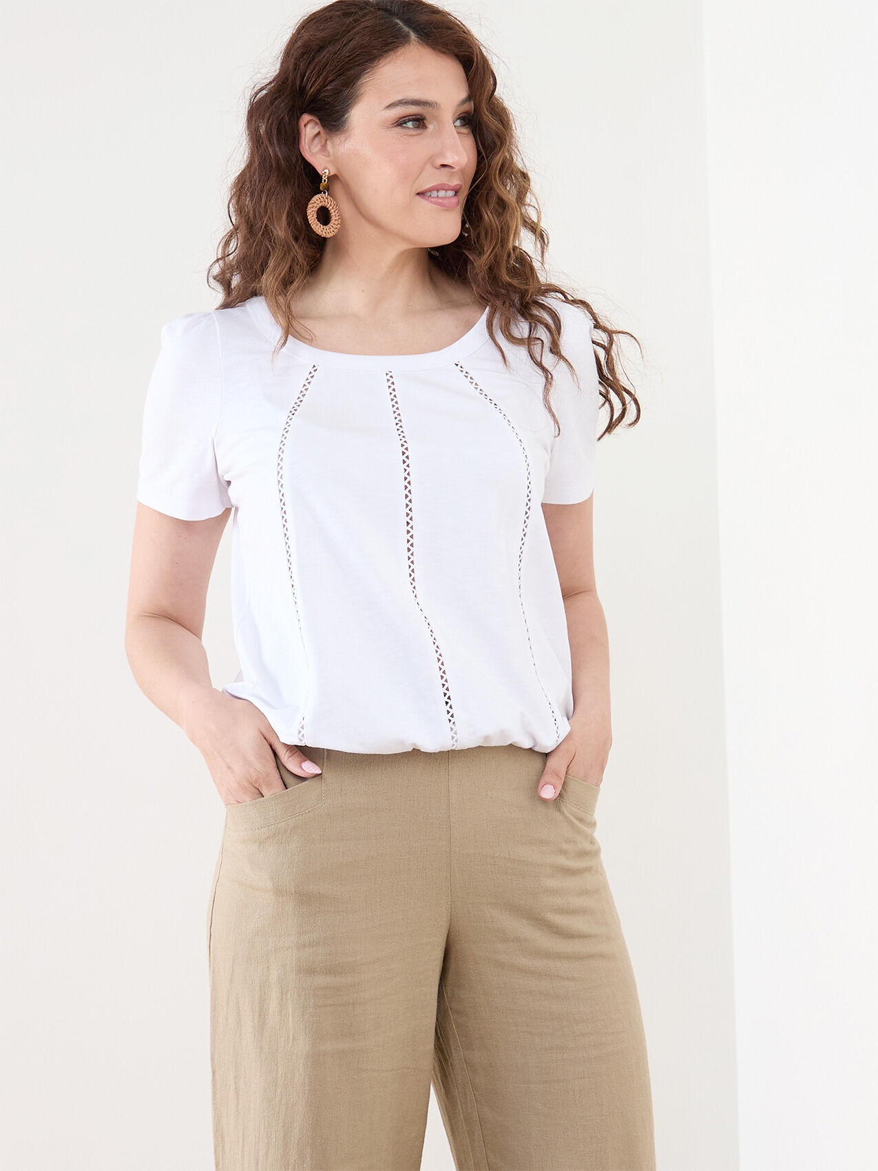 Short Sleeve Cotton-Blend Top with Crochet Inserts