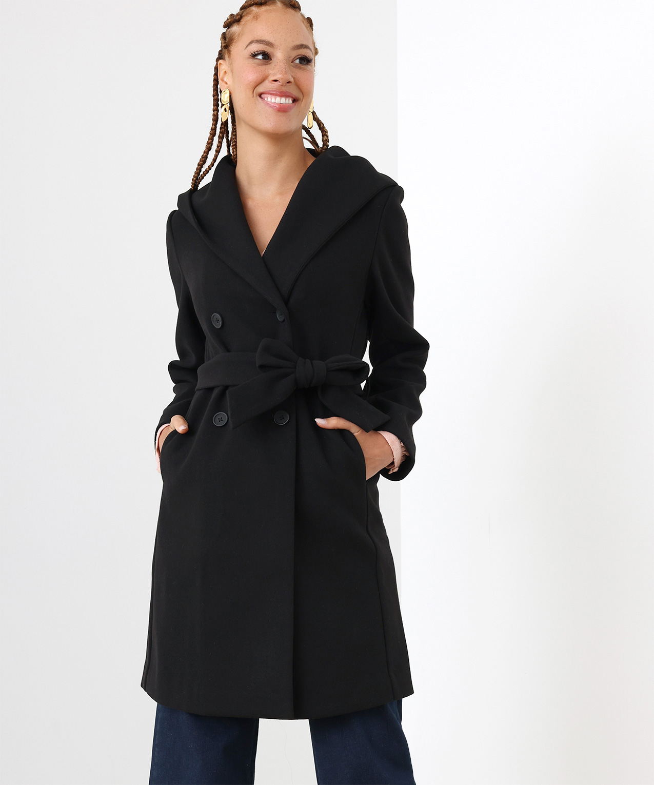 Unlined Belted Wrap Coat with Hood