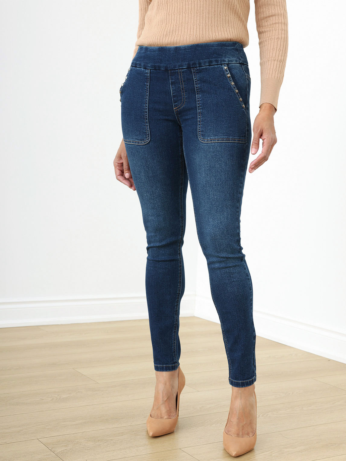 Medium Wash Slim Leg Jeans with Studs by GG Jeans, Cleo