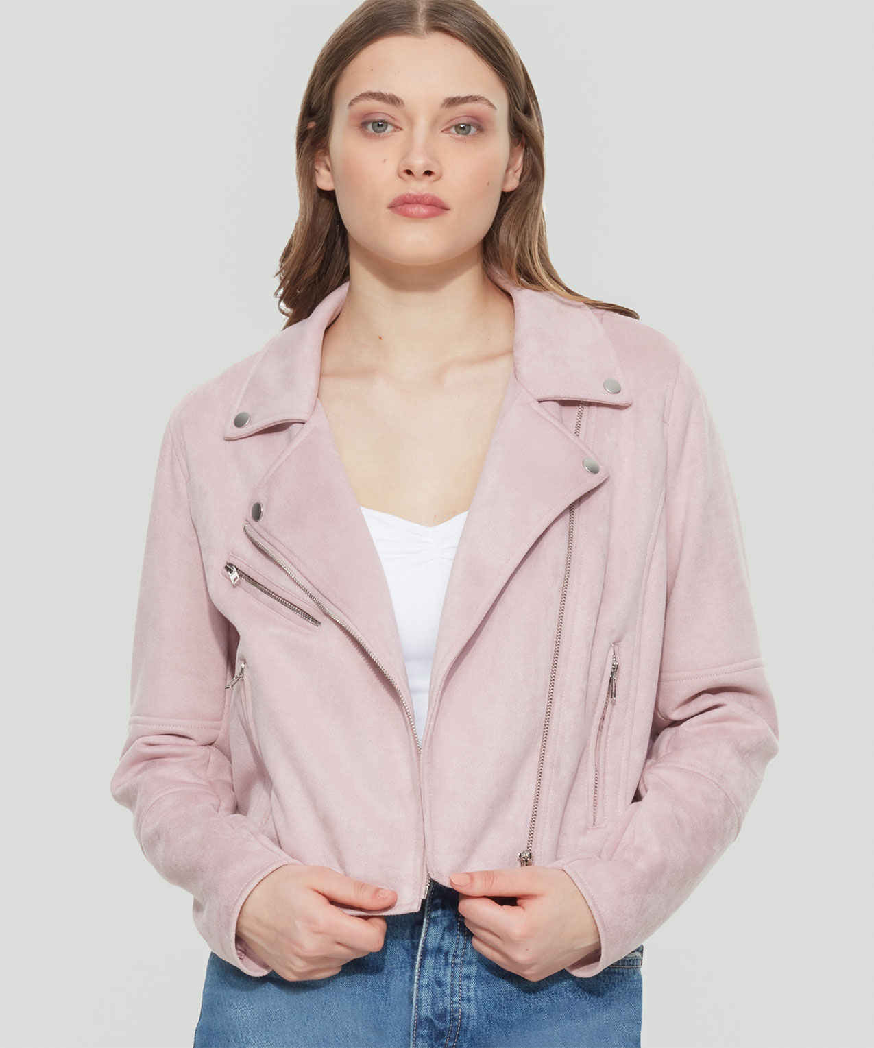 Pink faux 2025 suede moto jacket