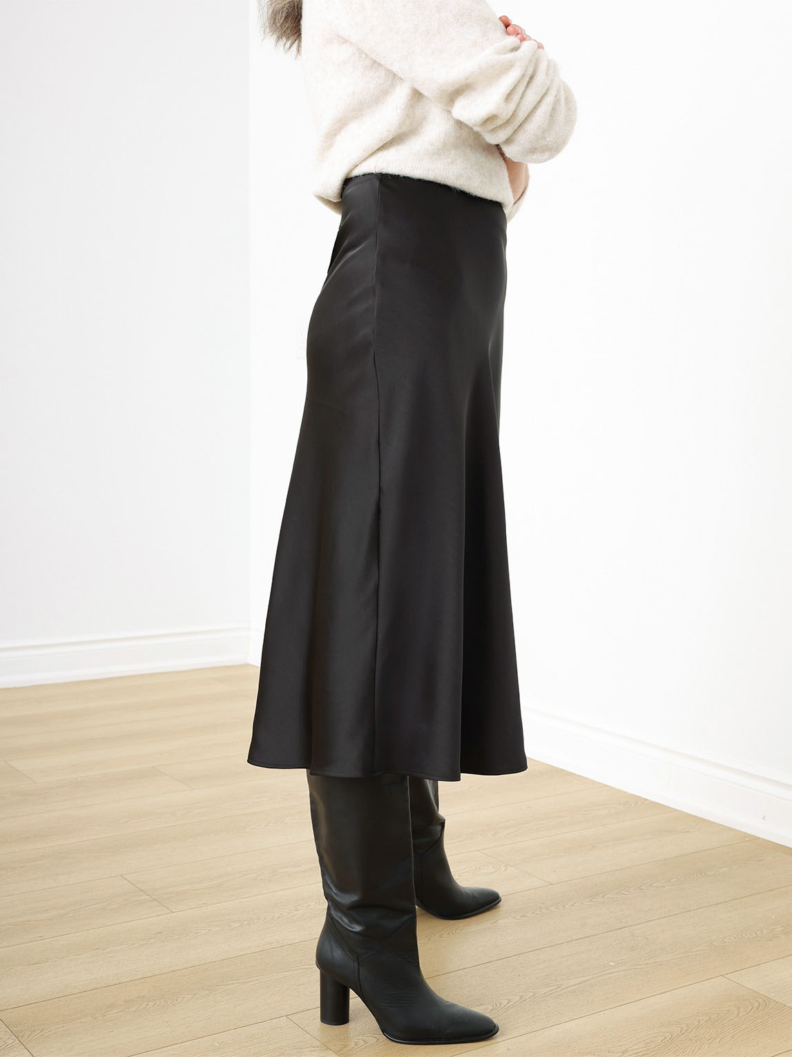 ALSLIAO Womens Silky Satin Midi Skirt High Waist Elastic Waist A Line Skirt  With Slit Brown XL 