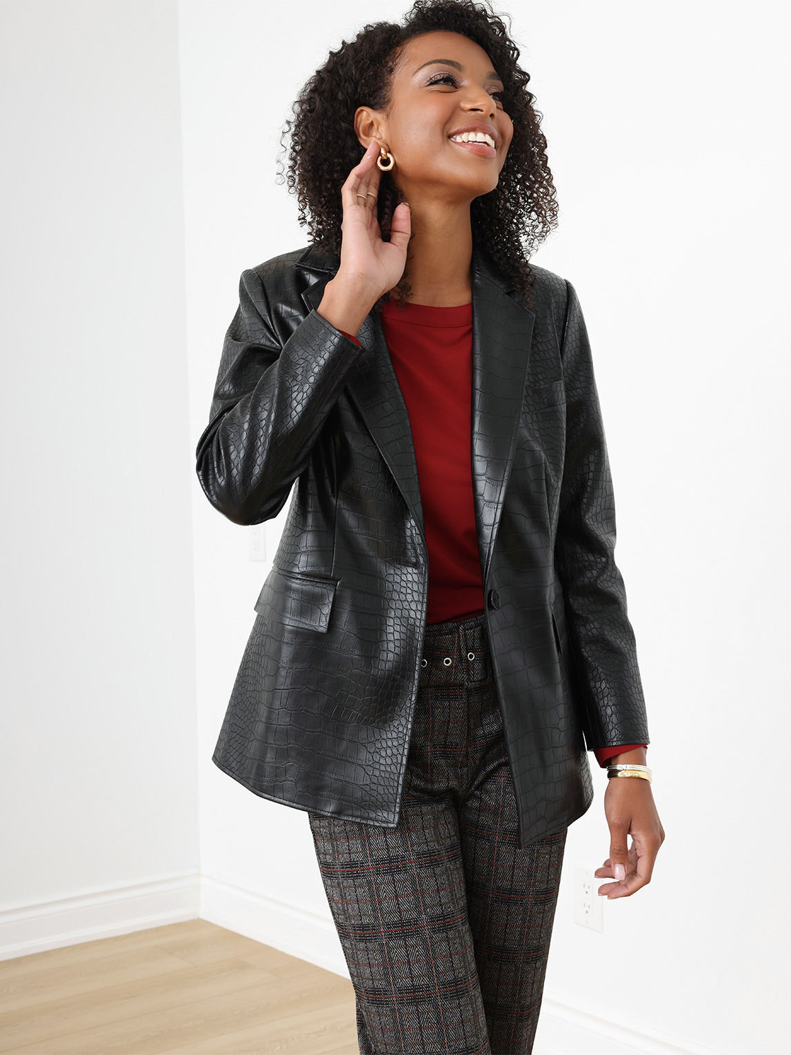 Vegan Leather 1 Button Blazer in Black Cleo