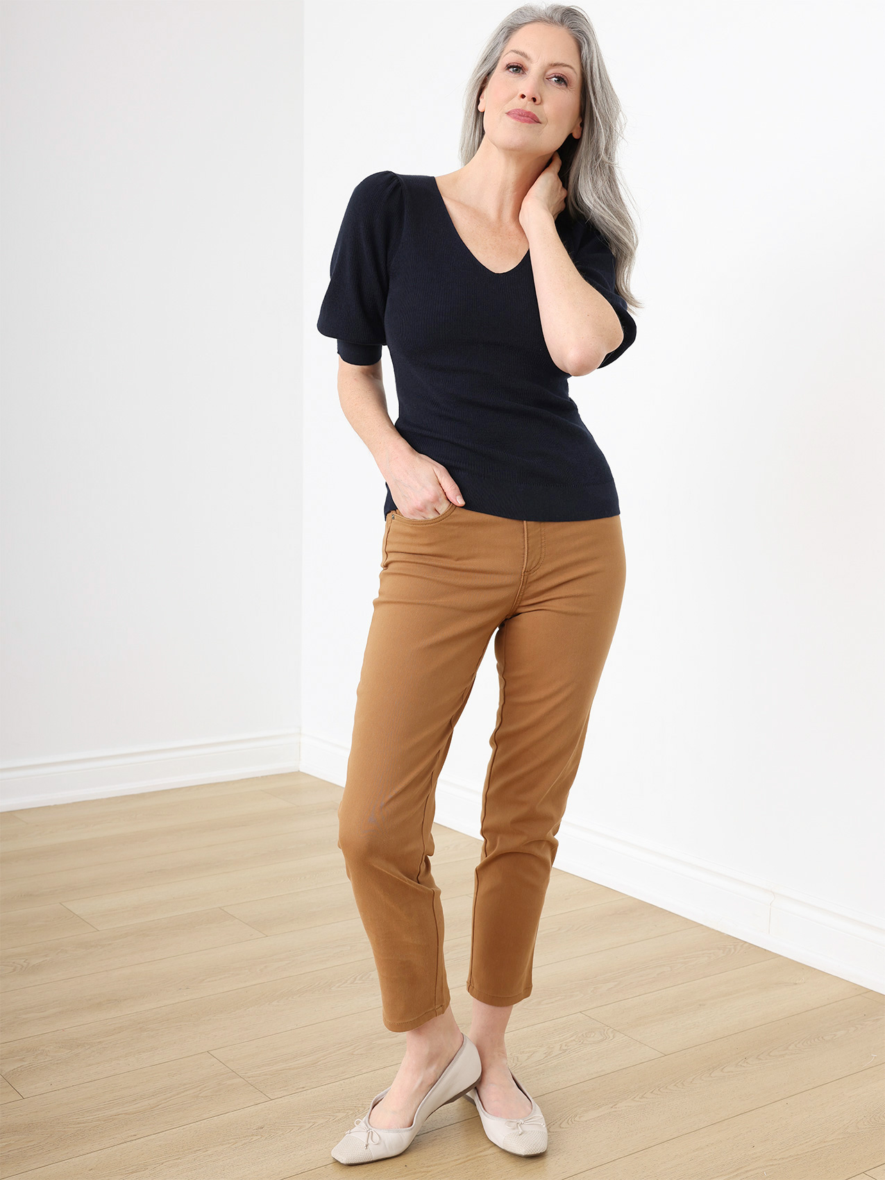 V-Neck Pull-Over Sweater with Elbow Length Sleeves